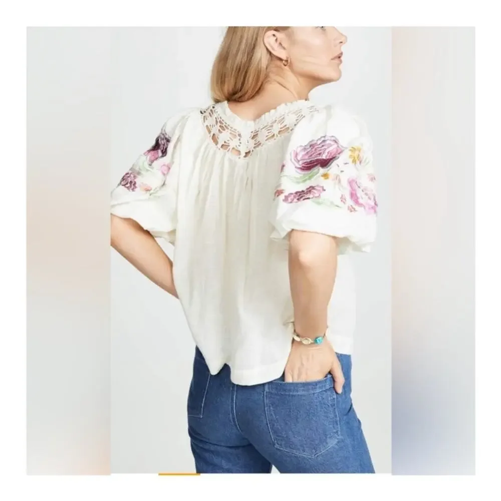 Free People Bohemia Embroidered Peasant Top Blouse Medium Floral Coquette Boho